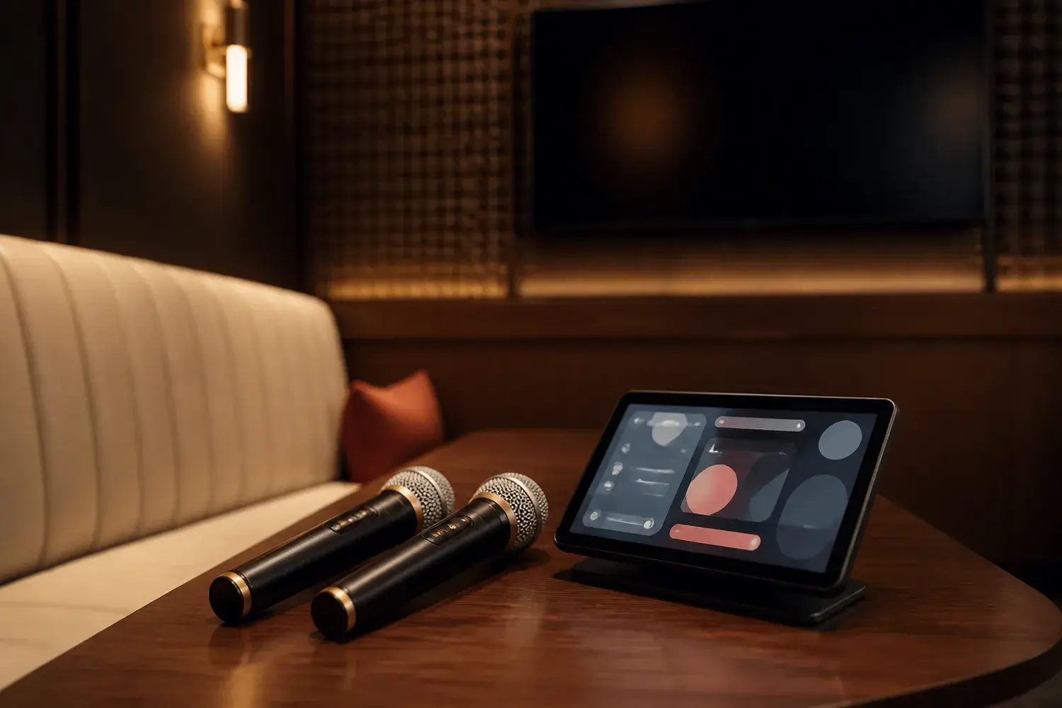 Concept rendering of two microphones, a song-selection controller, table, display, and private lounge seating