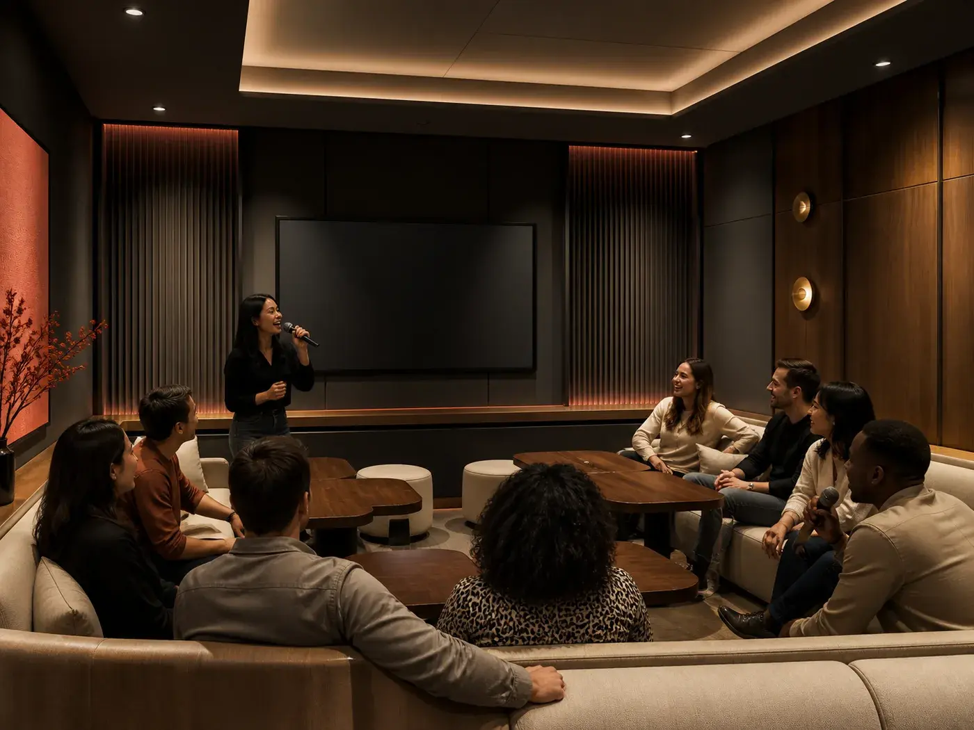 Concept rendering of a larger private karaoke lounge arranged for a group event