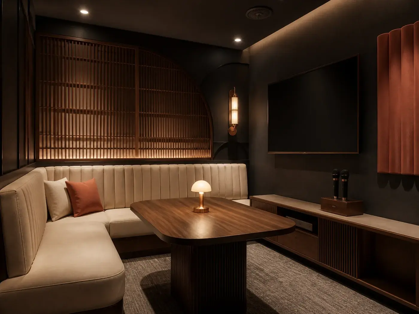 Concept rendering of an intimate private karaoke room with a curved bench, table, microphones, and display