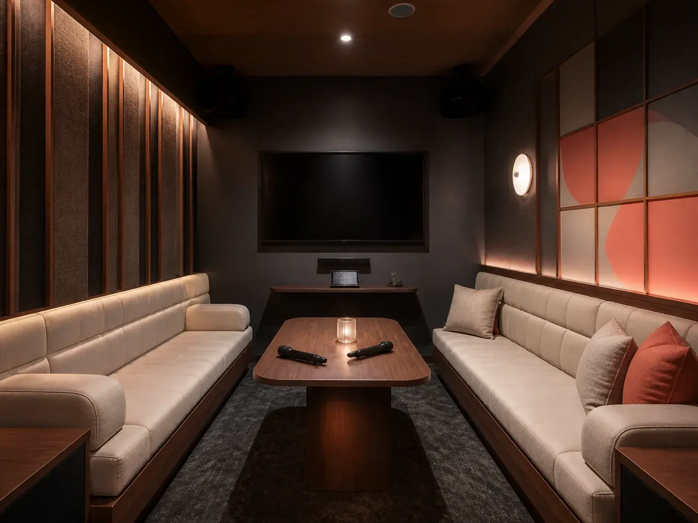 Concept rendering of a standard private karaoke lounge with seating, microphones, and a large display