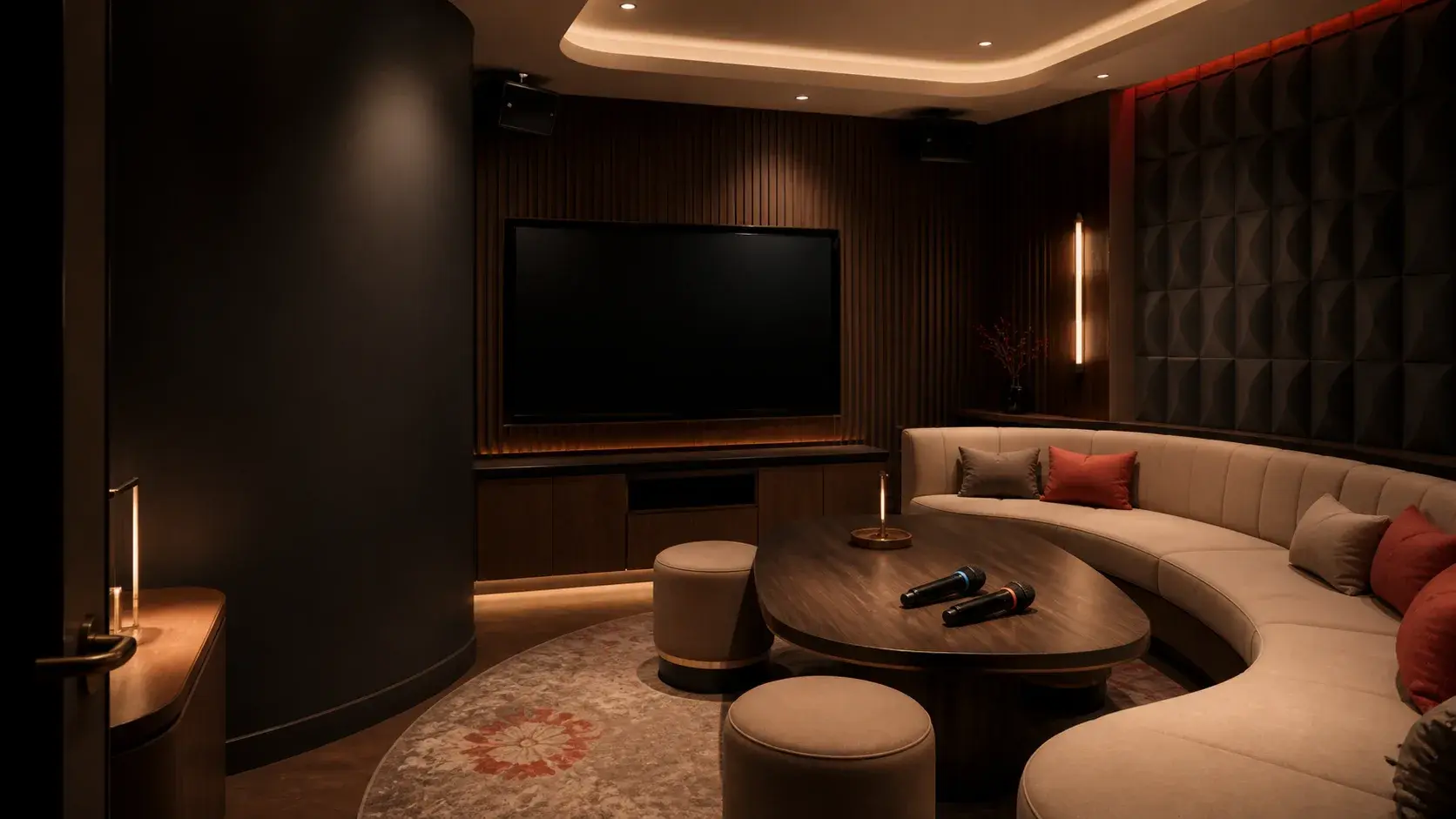 Concept rendering of a premium private karaoke lounge for six to eight guests with curved seating, microphones, table, and large display
